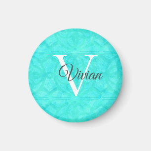 Aimant Aqua Blue Watercolor Nom du monogramme