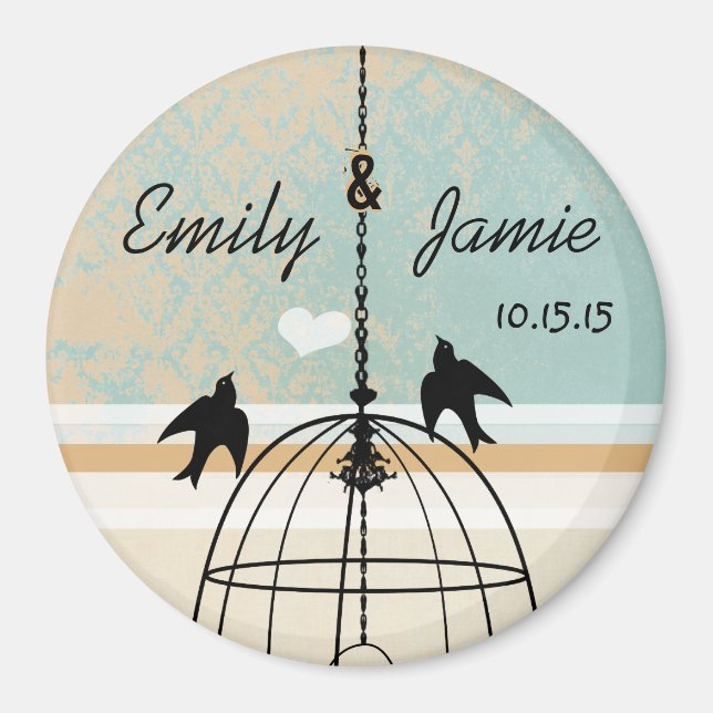 Aimant Aqua Damask & Cage à Oiseaux Corail Mariage (Devant)