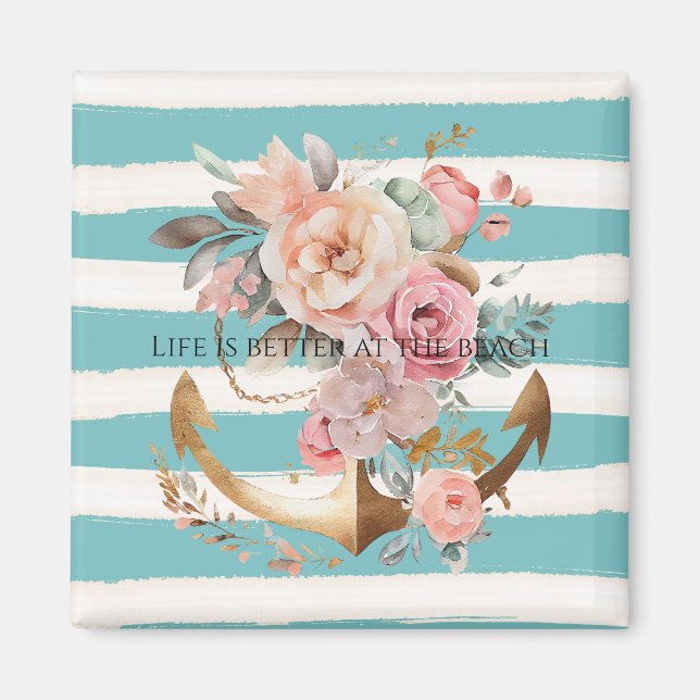 Aimant Aquarelle Aqua Beach rayures Ancres florales (Devant)