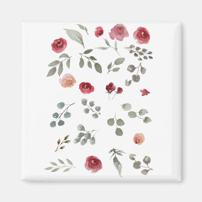Aimant Aquarelle Aquarelle Rose Feuilles verts Feuille (Devant)