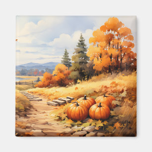Aimant Aquarelle Automne Citrouille de route en chute Feu