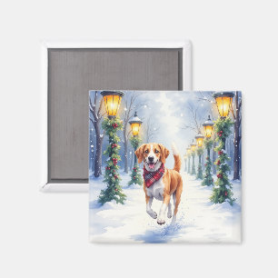 Aimant Aquarelle Beagle Parc enneigé Noël Fêtes
