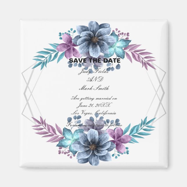 Aimant Aquarelle Bleu Et Violet Floral Enregistrer La Dat (Devant)