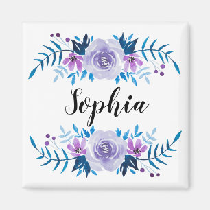 Aimant Aquarelle bleu violet couronne florale Texte perso