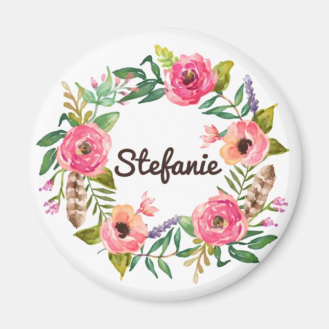 Aimant Aquarelle Boho Floral Wreath Personnalisé (Devant)