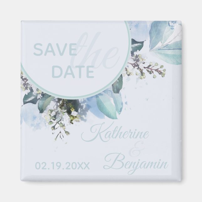 Aimant Aquarelle Botanique Bleu Dusty Enregistrer La Date (Devant)