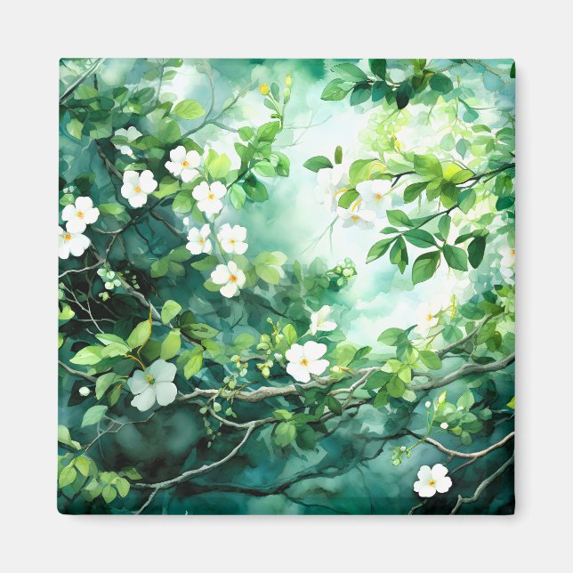 Aimant Aquarelle botanique Fleurs blanches Feuilles verte (Devant)