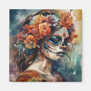 Aimant Aquarelle Catrina Dia de los Muertos Crâne de Sucr