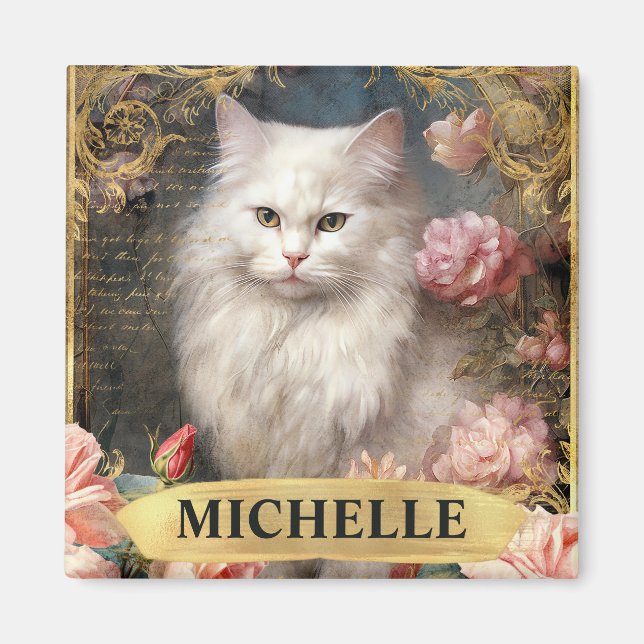 Aimant Aquarelle Chat Blanc Vintage et Roses Roses (Devant)