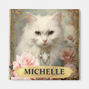 Aimant Aquarelle Chat Blanc Vintage et Roses Roses