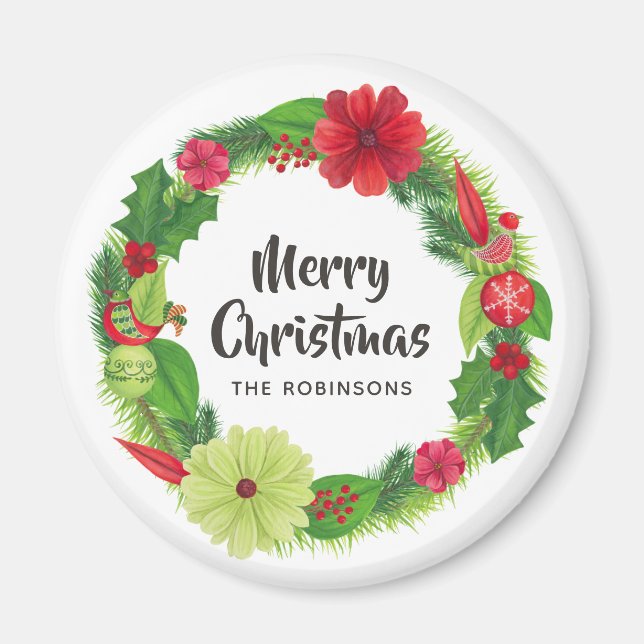 Aimant Aquarelle d'art populaire Noël floral (Devant)