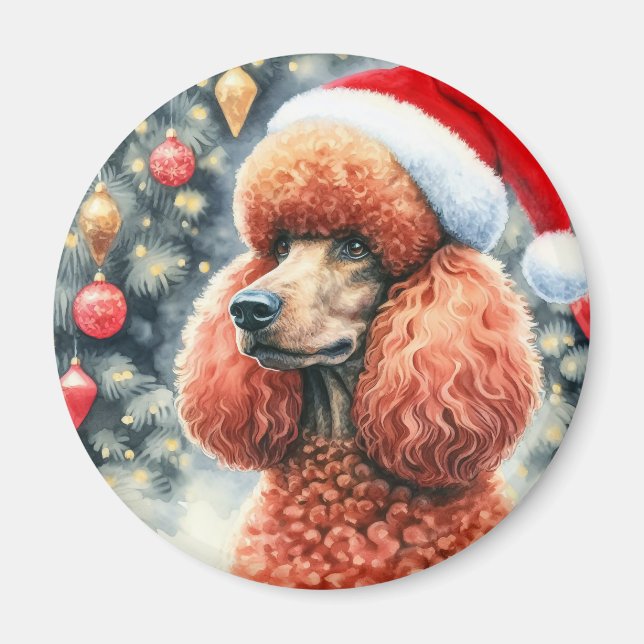 Aimant Aquarelle de caniche rouge standard Noël (Devant)