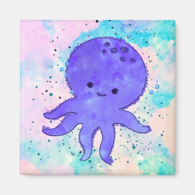 Aimant Aquarelle de dessin bleu octopus (Devant)