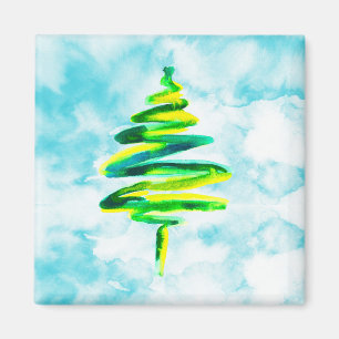 Aimant Aquarelle de l'arbre de Noël bleu