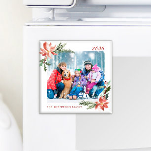 Aimant Aquarelle de Noël Botanique Poinsettia Photo