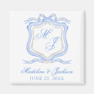 Aimant Aquarelle Designer Blue Monogram Crest Mariage