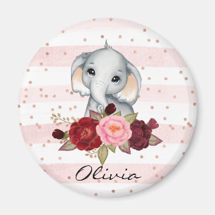 Aimant Aquarelle Eléphant mignon rose bébé fille