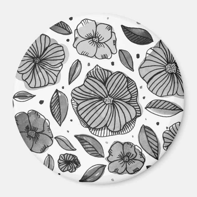 Aimant Aquarelle et fleurs d'encre - noir et blanc (Devant)