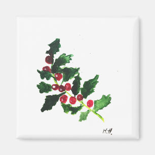 Aimant Aquarelle Festive de Noël vintage Holly
