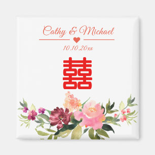 Aimant Aquarelle fleur double bonheur mariage chinois