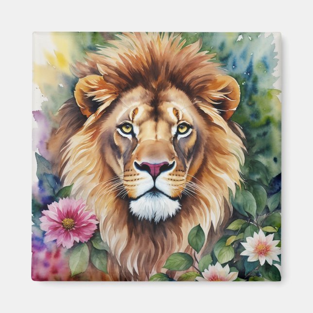 Aimant Aquarelle florale Lion Art (Devant)