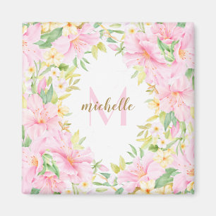 Aimant Aquarelle Florale Monogramme Botanique Rose