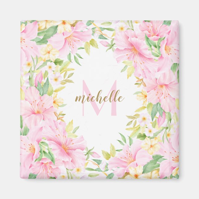 Aimant Aquarelle Florale Monogramme Botanique Rose (Devant)