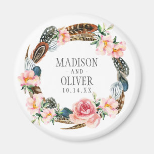 Aimant Aquarelle Florale Wreath avec plumes MARIAGE