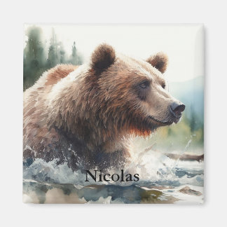 Aimant Aquarelle Grizzli Ours Faune Nature Art