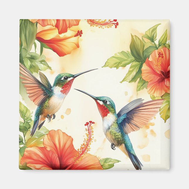 Aimant Aquarelle Hummingbird and Flowers Design (Devant)