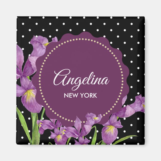 Aimant Aquarelle Iris Violet Points Noir Blanc (Devant)