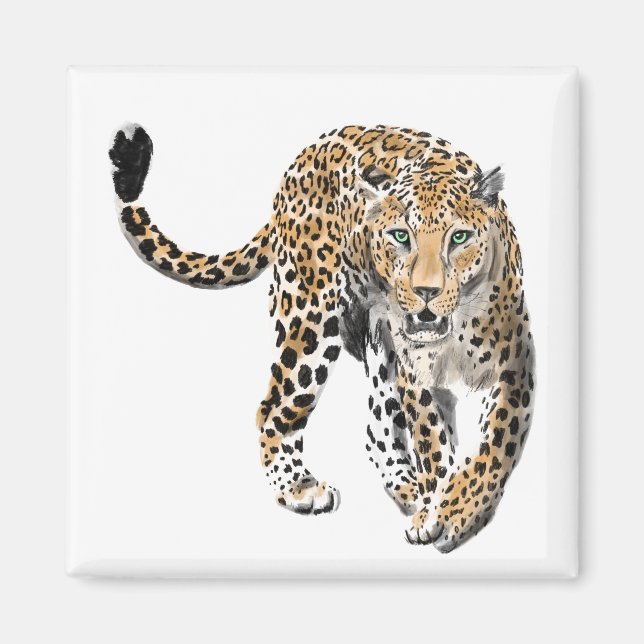 Aimant aquarelle léopard jungle chat animal peint vert (Devant)