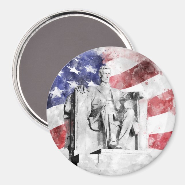 Aimant Aquarelle Lincoln Memorial avec drapeau américain (Recto/Verso)