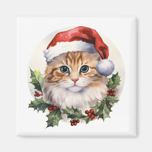 Aimant Aquarelle mignonne Chat De Noël À Santa Hat
