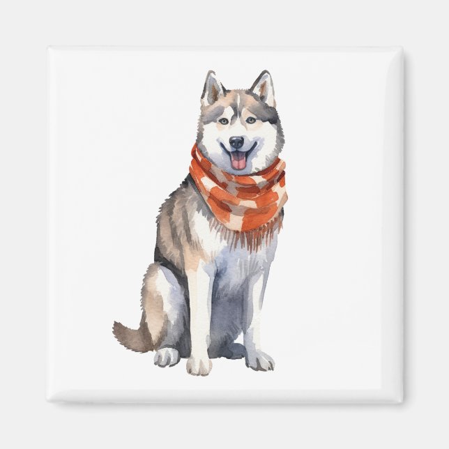 Aimant Aquarelle mignonne Chien sibérien Husky (Devant)