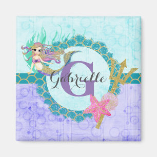 Aimant Aquarelle mignonne de sirène Monogramme Turquoise