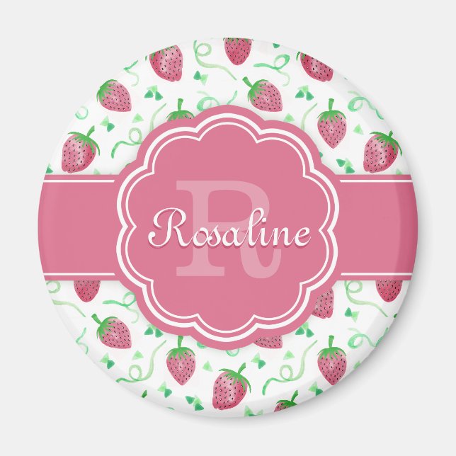 Aimant Aquarelle Motif fraise avec Monogramme (Devant)