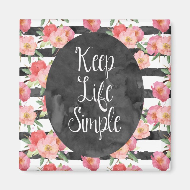 Aimant Aquarelle noire noire blanche rayures rose Floral (Devant)