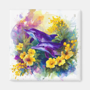Aimant Aquarelle Océan Dauphins Fleurs Tropicales