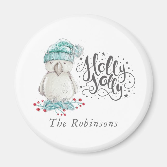 Aimant Aquarelle Oiseau d'hiver Holly Jolly Noël (Devant)