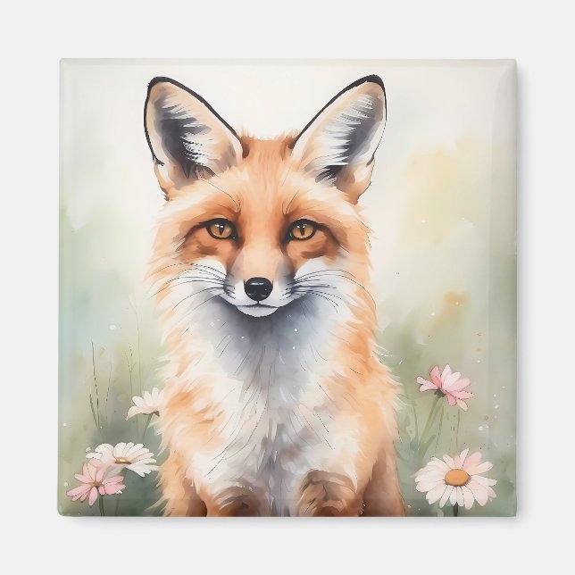 Aimant Aquarelle Peinture Fox avec Fleurs marguerites (Devant)