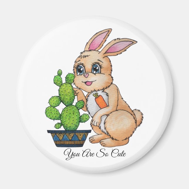 Aimant Aquarelle Rabbit Et Cactus Mignons (Devant)