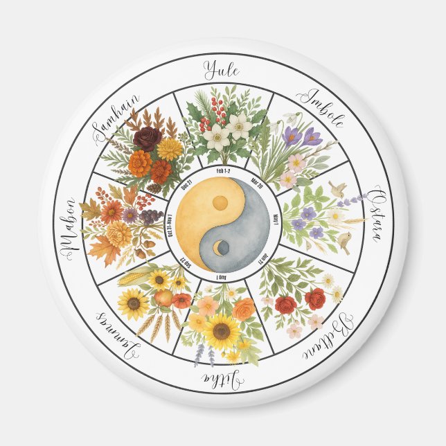 Aimant Aquarelle Roue florale de l'année Pagan Wicca (Devant)