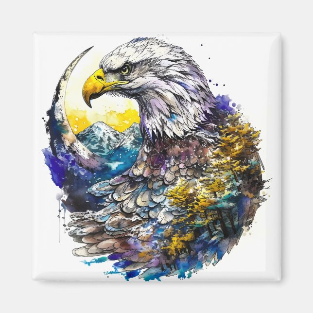 Aimant Aquarelle sauvage Forêt Lune Aigle (Devant)