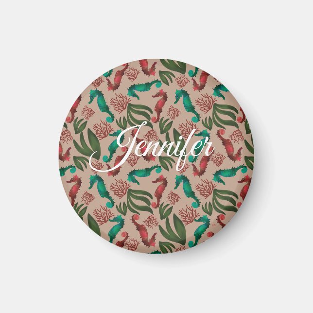 Aimant Aquarelle Seahorse Rose Nautique Personnalisé (Devant)