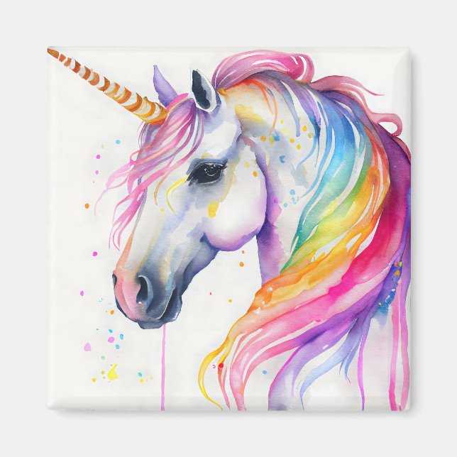 Aimant Aquarelle Unicorne avec Mane Rianbow (Devant)