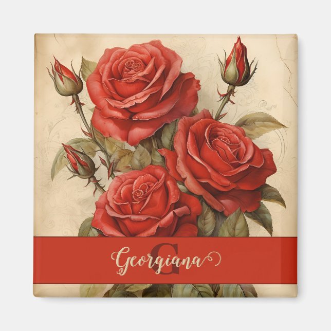 Aimant Aquarelle Vintage personnalisée Roses Florales Rou (Devant)