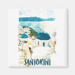 Aimant Aquarelle Vintage voyage de Santorin Grèce