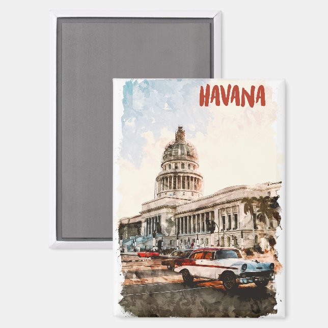 Aimant Aquarelle Vintage voyage Havana Cuba (Recto/Verso)