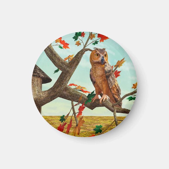 Aimant Arbre de l'érable à chouette d'automne Art fauniqu (Devant)